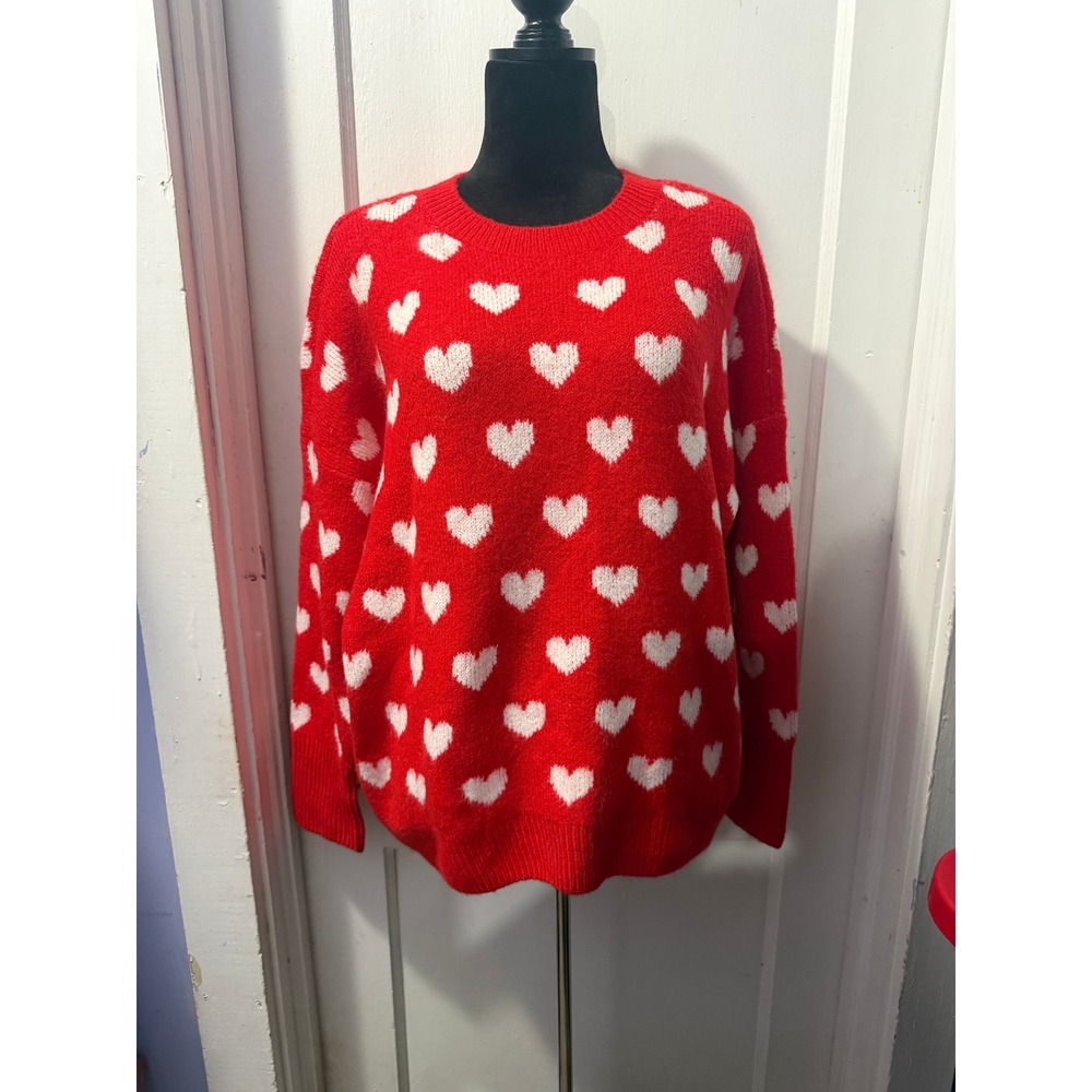 CeCe Red White Heart Pattern Knit Crewneck Sweater Medium NWT